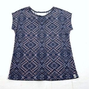 Smartwool Women Blue Peach Geo Short Sleeve Knit Merino Wool Tshirt Top Sz M